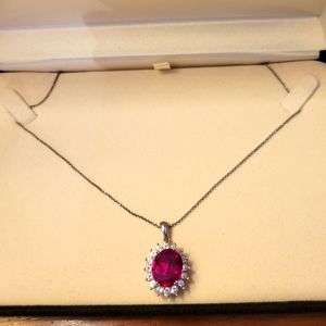 Oval Lab-Created Ruby and White Sapphire Framed Pendant in Sterling Silver
